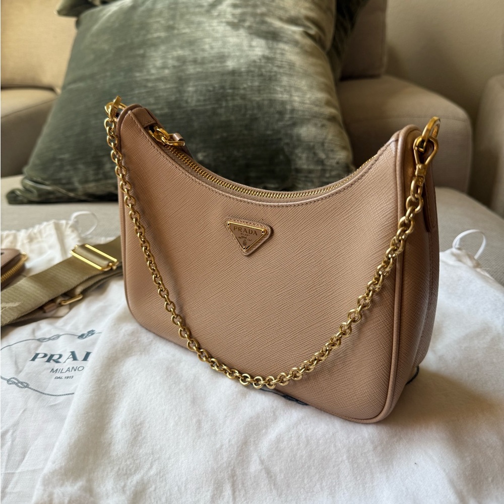 Prada Taupe Saffiano Leather Chain Shoulder Bag with Gold Hardware - Picture 2 of 13